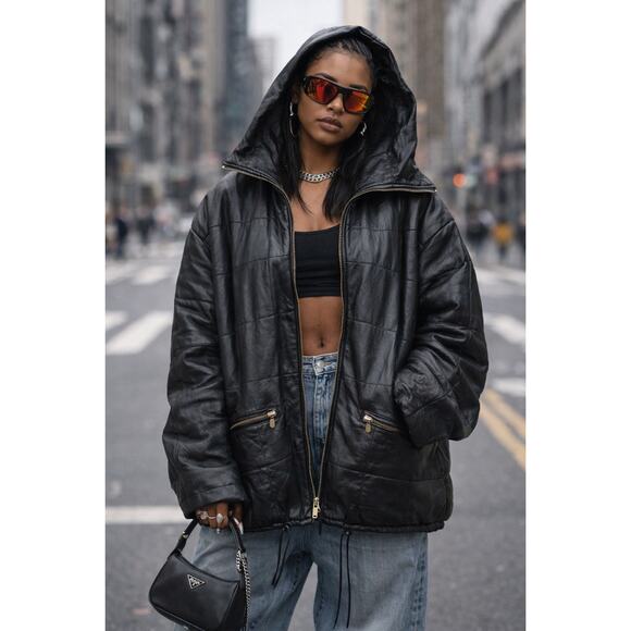 WINLIT Jackets & Blazers - WINLIT Vintage Quilted Genuine Leather Puffer Jacket - Black, Large